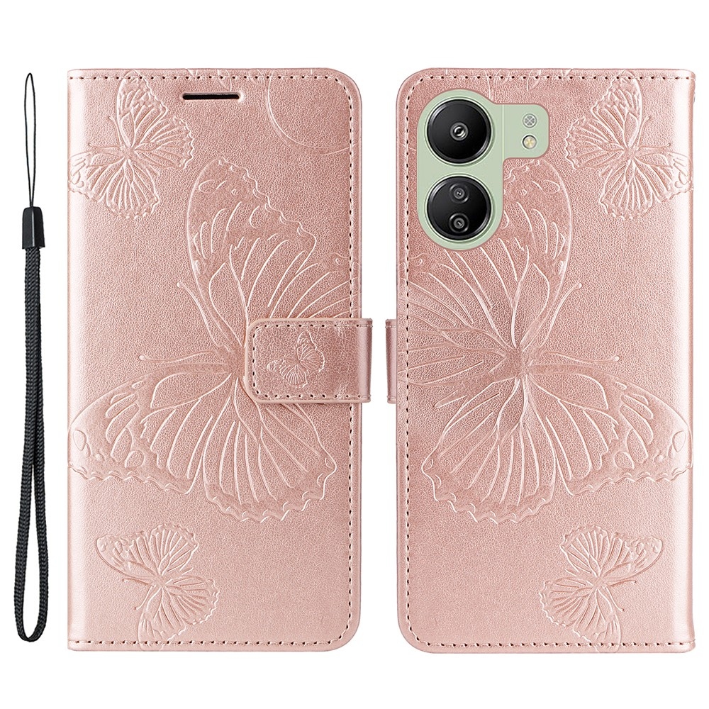 Nagy pillangó könyv tok Xiaomi Poco C65/Redmi 13C - rózsa arany