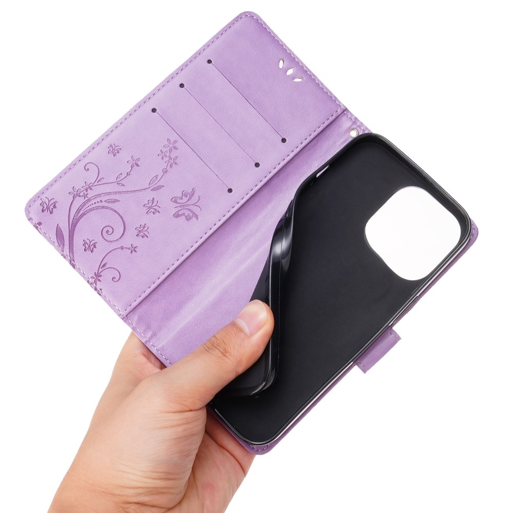 Virágok könyvtáska iPhone 15 Pro készülékhez - világos lila