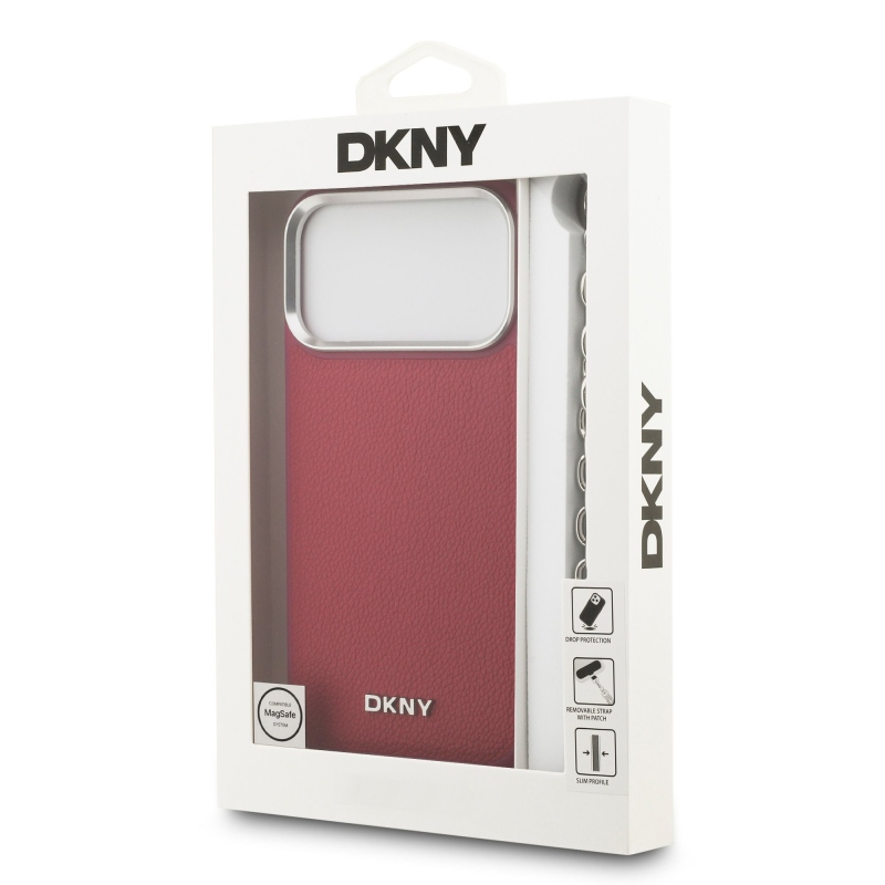 DKNY PU bőr fém logós csuklólánc MagSafe hátlap iPhone 17 Pro Max rózsaszínhez