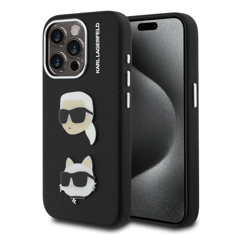 Karl Lagerfeld szemcsés PU K&CH Heads hátlap iPhone 15 Pro Max-hoz Fekete