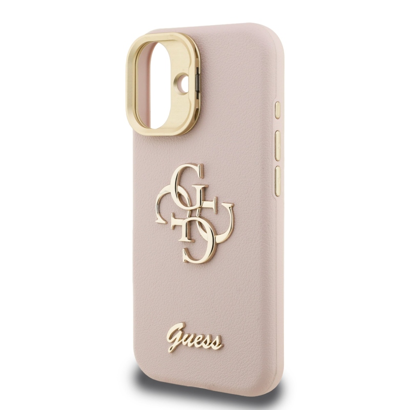 Guess PU szemcsés 4G Logo Stand Kamera keret hátlapi borító iPhone 16 rózsaszínhez