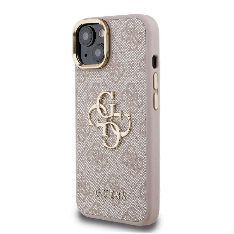 Guess PU 4G fém logó állvány kamera keret hátlap iPhone 15 rózsaszín