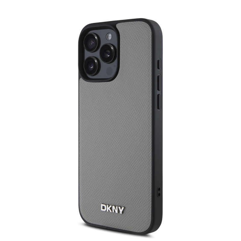 DKNY PU bőr ezüst fém logó Magsafe hátlap iPhone 16 Pro Max szürke szürkéhez