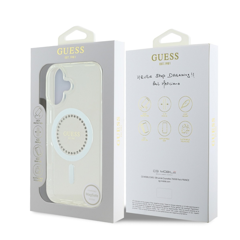 Guess IML strasszos gyűrű MagSafe hátlapi borító iPhone 16-hoz Fehér