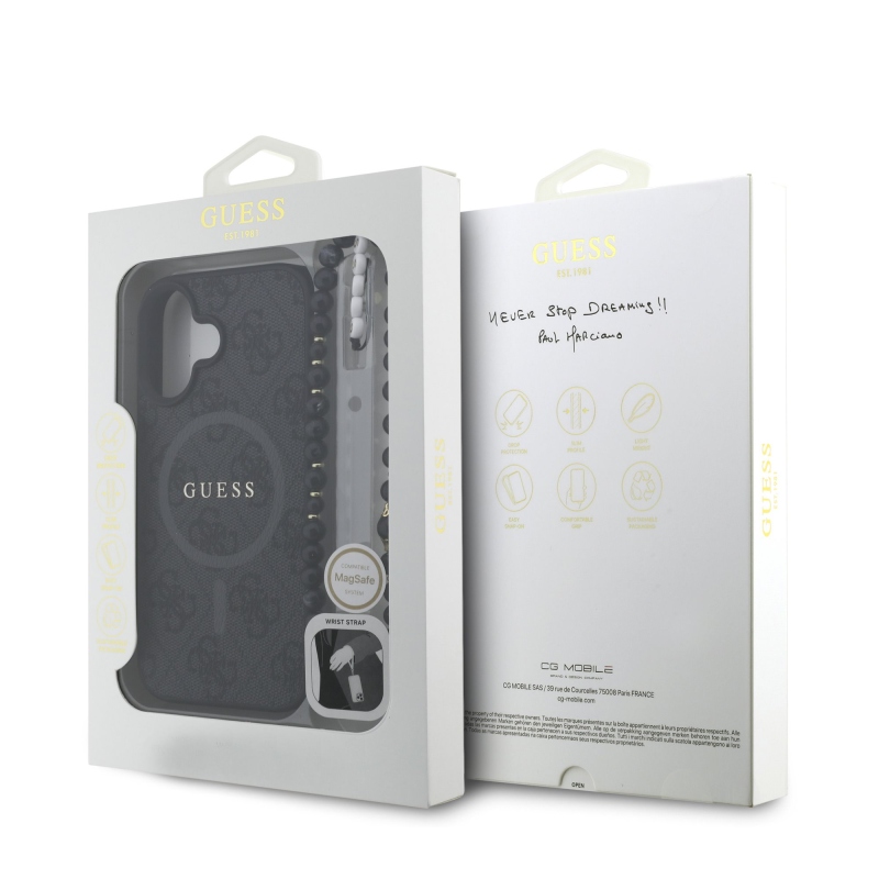 Guess PU bőr 4G színes gyűrűs pánt MagSafe hátlap iPhone 16-hoz Fekete