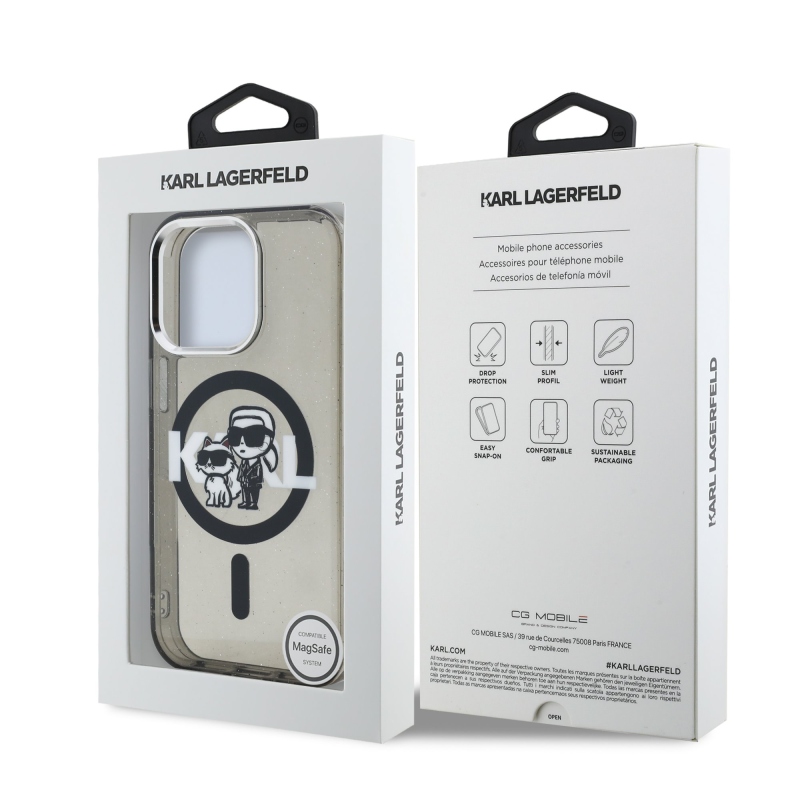 Karl Lagerfeld IML Glitter Karl és Choupette Sketch MagSafe hátlapi borító iPhone 15 Pro-hoz Fekete