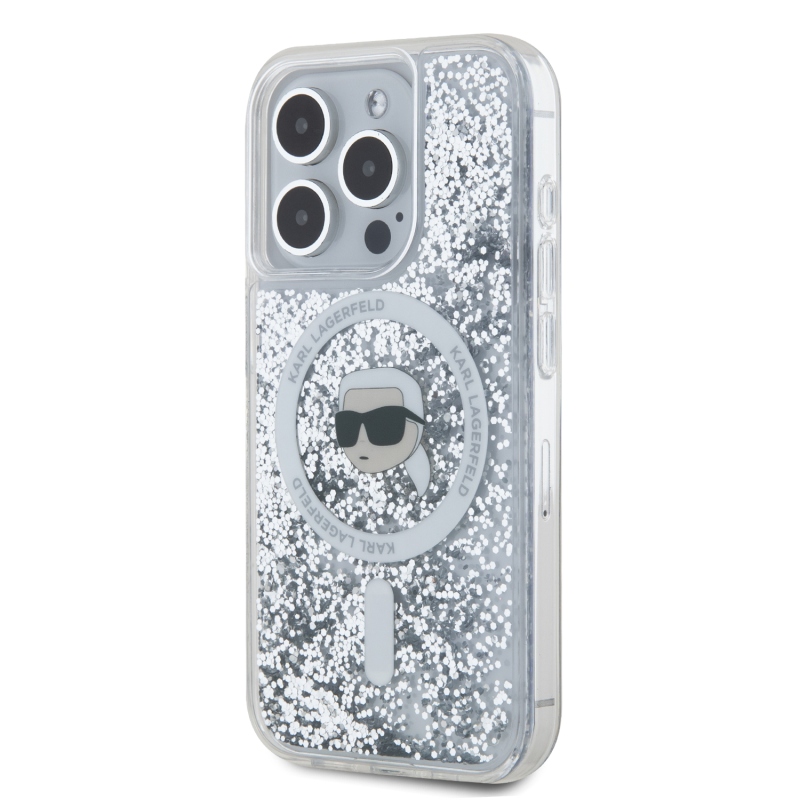 Karl Lagerfeld Liquid Glitter Karl Head Karl Head MagSafe hátlap iPhone 15 Pro-hoz Átlátszó