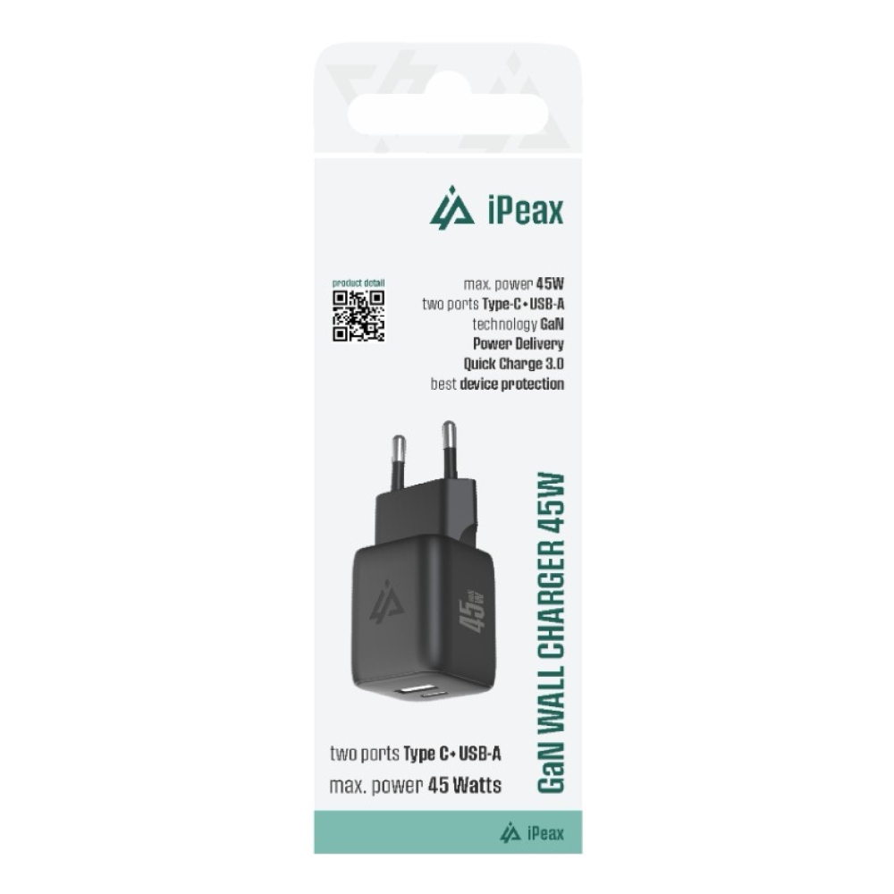 iPEAX GaN hálózati töltő 45 W, 1x USB-C és 1x USB-A - fekete