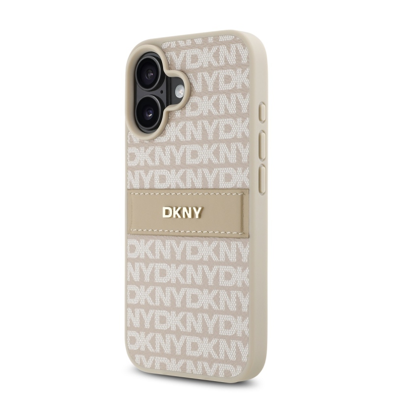 DKNY PU bőr ismétlődő mintás tonális csíkos hátlap iPhone 16 Plus rózsaszínű készülékhez