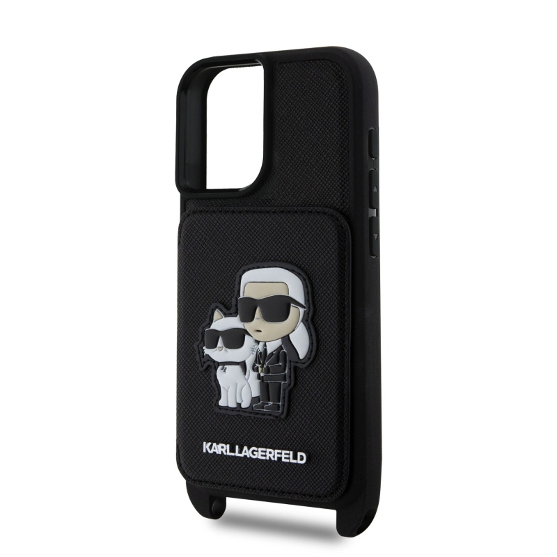 Karl Lagerfeld Saffiano Crossbody Strap Karl és Choupette borító iPhone 16-hoz Fekete