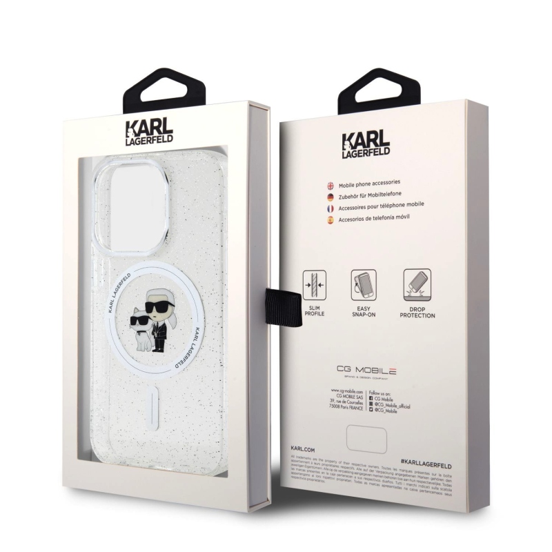 Karl Lagerfeld IML Glitter Karl és Choupette MagSafe MagSafe hátlap iPhone 15 Pro-hoz Átlátszó