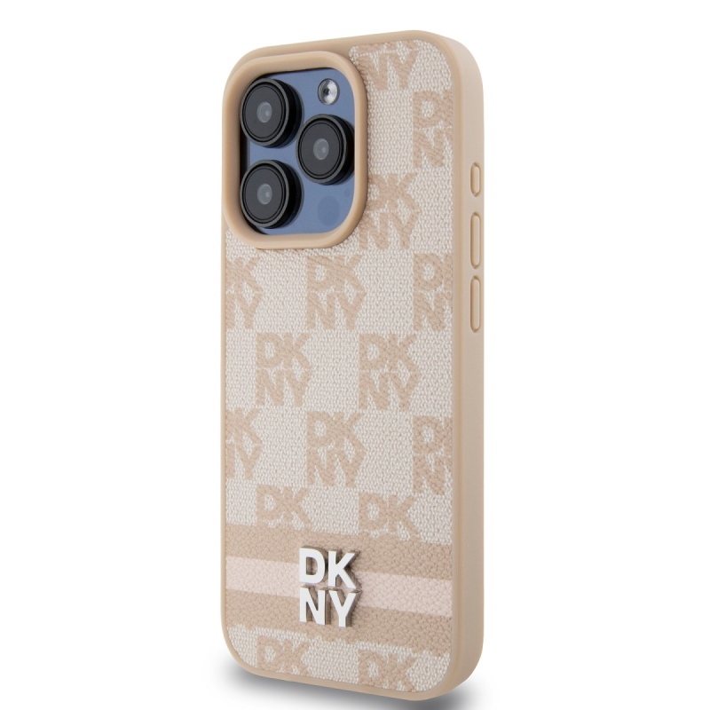 DKNY PU bőr kockás mintás és csíkos hátlapi borító iPhone 14 Pro rózsaszínhez