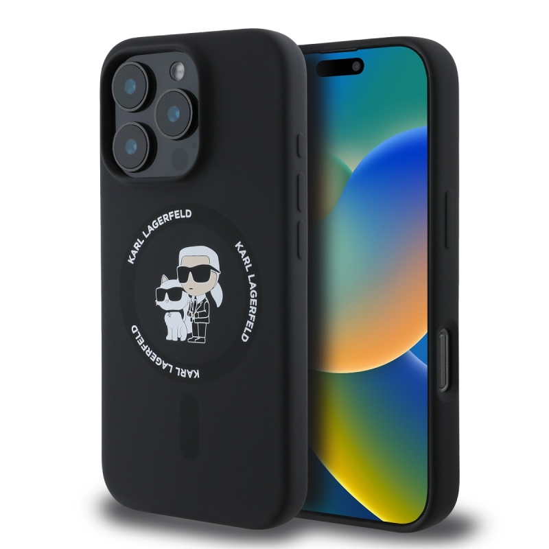 Karl Lagerfeld Folyékony szilikon Karl és Choupette MagSafe hátlap iPhone 16 Pro-hoz Fekete