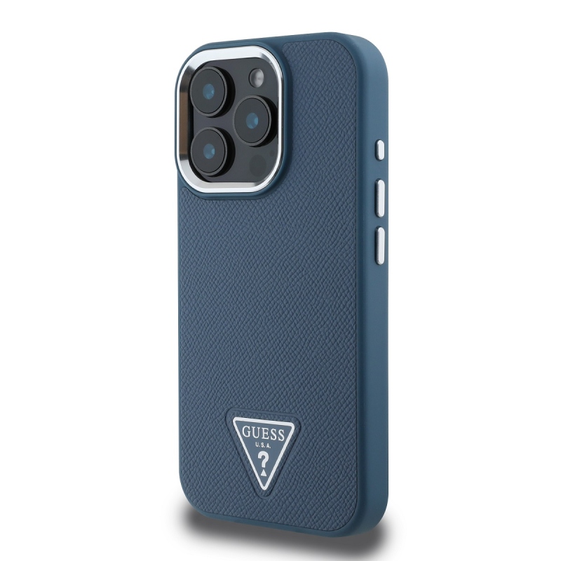 Guess PU szemcsés, háromszög alakú logós hátlap iPhone 16 Pro Max-hoz Kék