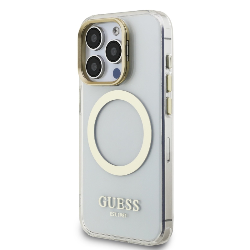 Guess IML Gold Outline Stand Kamera keret MagSafe hátlapi borító iPhone 15 Pro átlátszóhoz