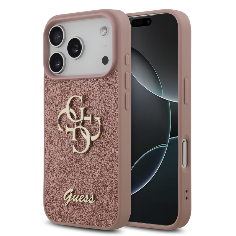 Guess PU Fixed Glitter 4G fém logó hátlap iPhone 17 Pro rózsaszínhez