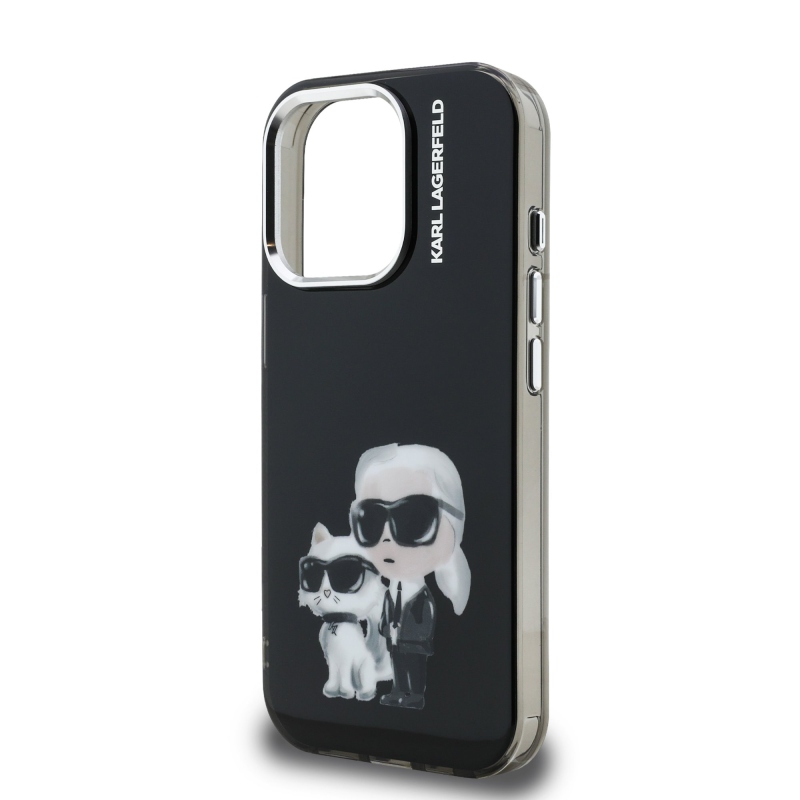 Karl Lagerfeld IML Aquarelle Karl és Choupette hátlapi borító iPhone 15 Pro készülékhez Fekete