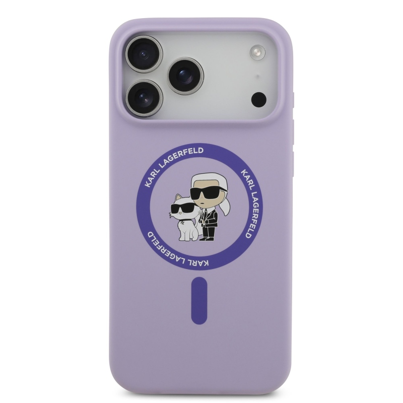 Karl Lagerfeld folyékony szilikon Karl és Choupette MagSafe hátlapi borító iPhone 17 Pro Max lila színhez
