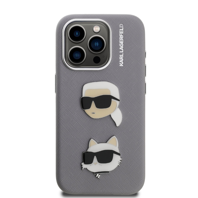Karl Lagerfeld szemcsés PU K&CH Heads hátlap iPhone 15 Pro Max szürke