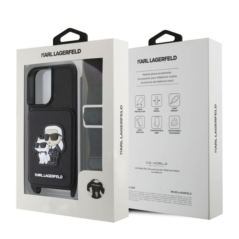 Karl Lagerfeld Saffiano Crossbody Strap Karl és Choupette borító iPhone 16-hoz Fekete