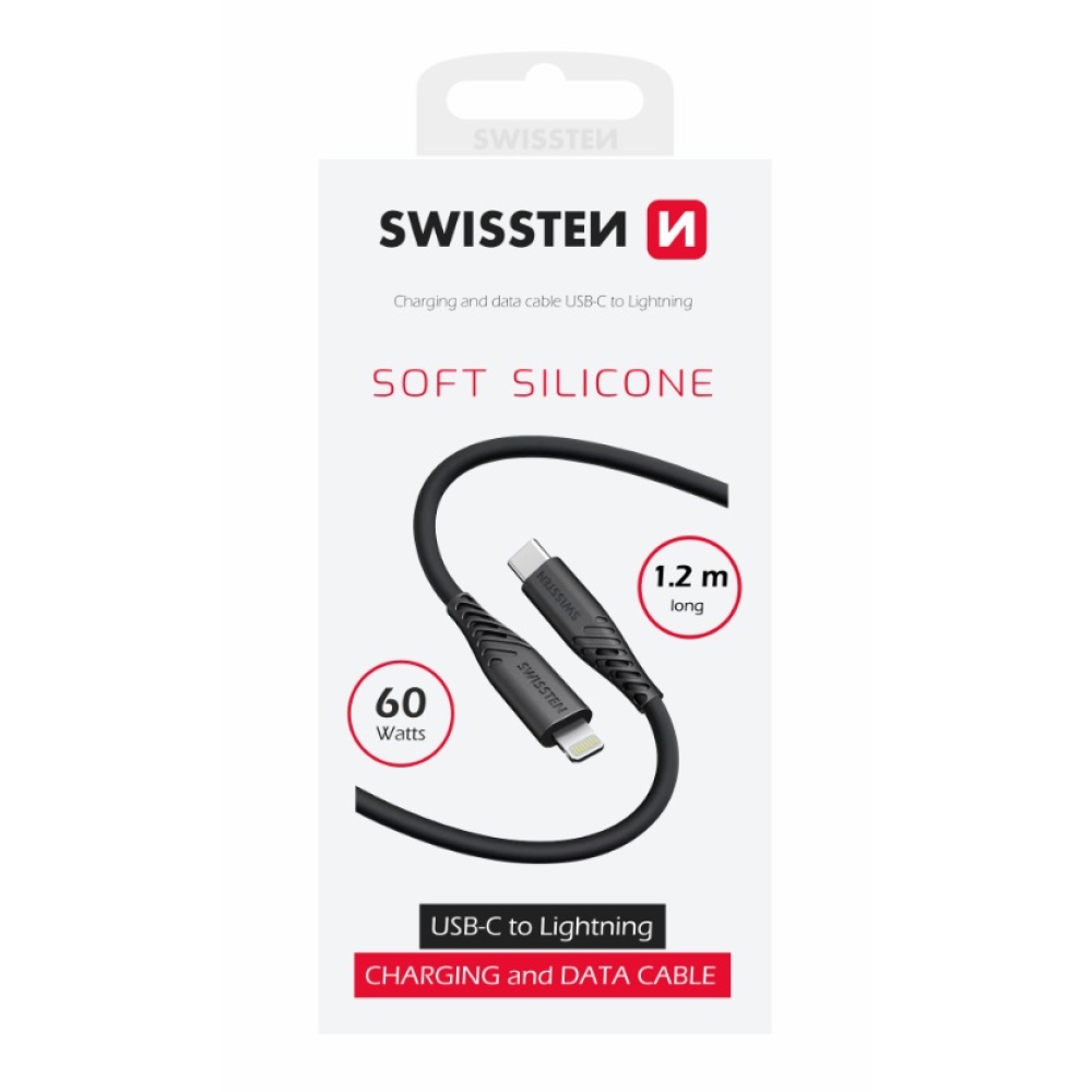 Swissten adatkábel Puha szilikon USB-C/Lightning 60W 1.2m - Fekete