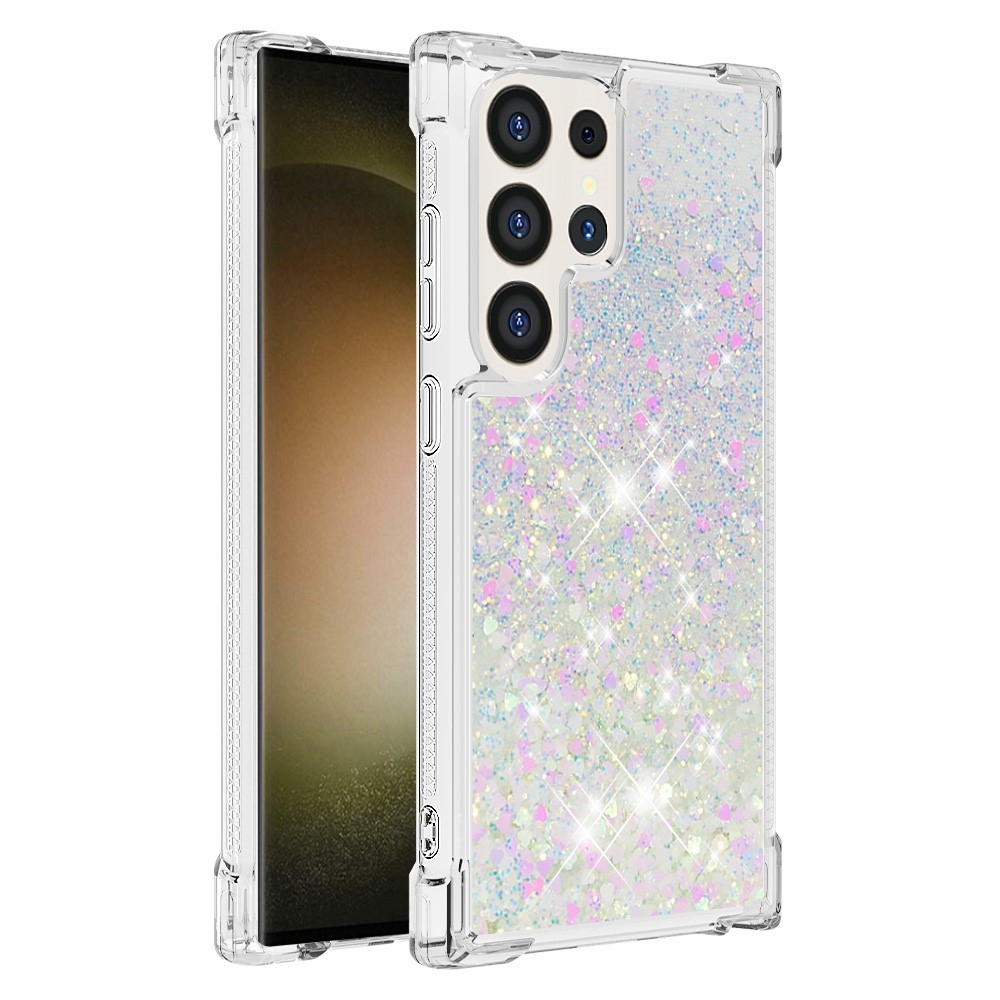 Csillogó homokóra zselés tok Samsung Galaxy S24 Ultra készülékhez - rózsaszín és ezüst/szívecske