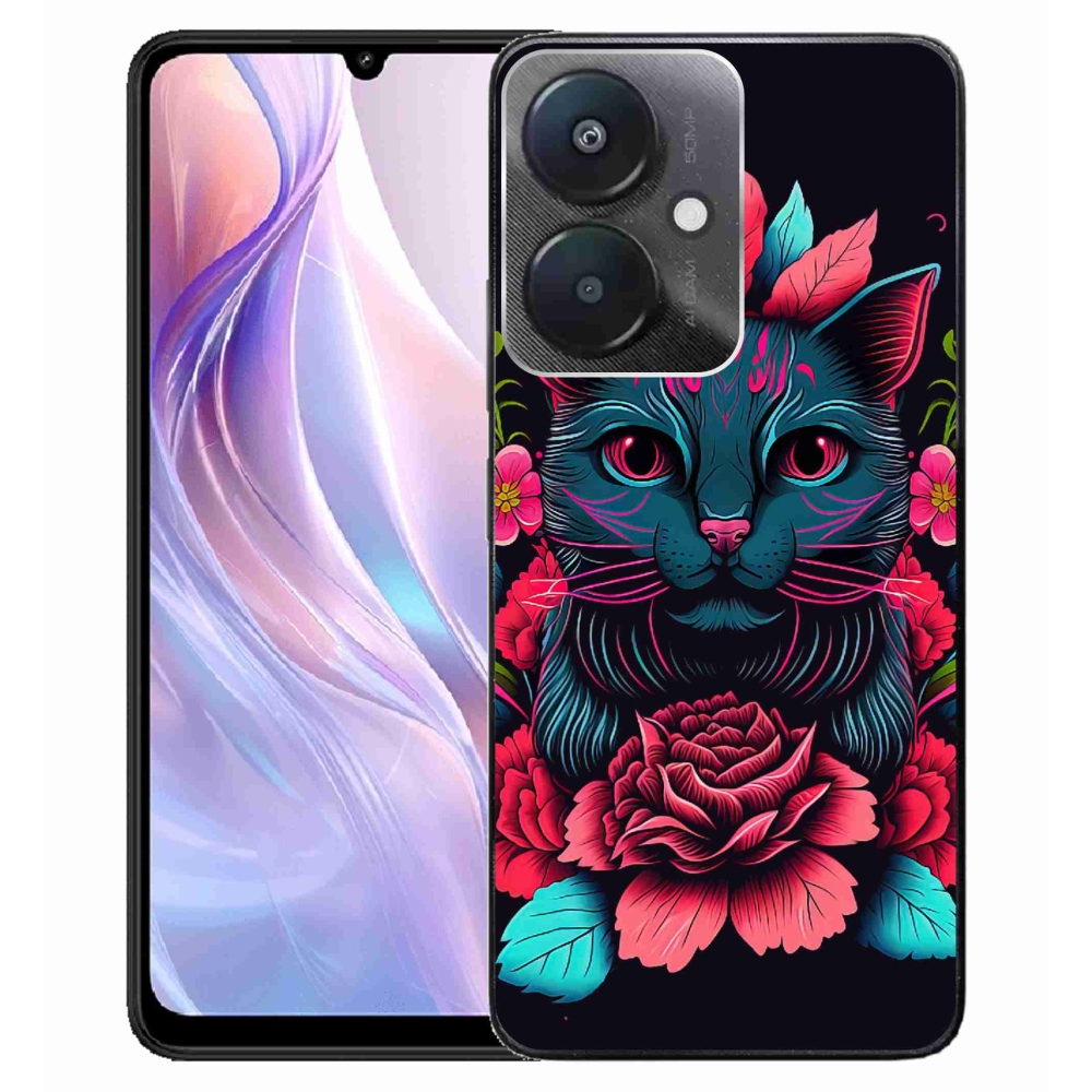 Gél borító mmCase a Xiaomi Redmi 13C 5G számára - virágok és macska