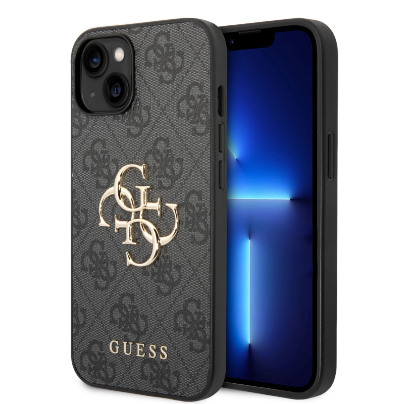 Guess PU 4G fém logós hátlap iPhone 15 Plus-hoz Szürke