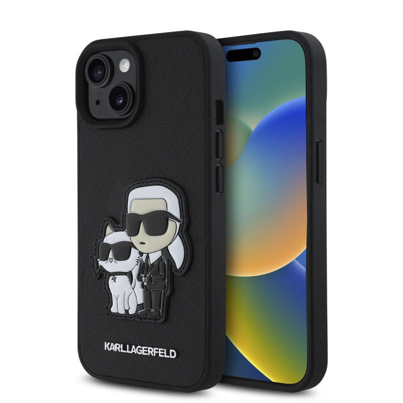 Karl Lagerfeld PU Saffiano Karl és Choupette hátlap iPhone 15-hez Fekete