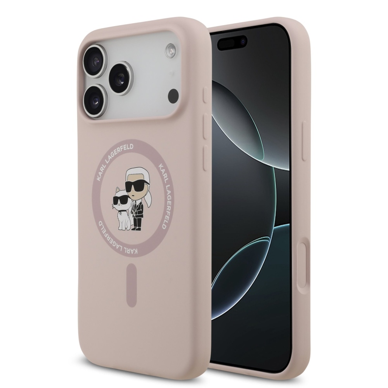 Karl Lagerfeld folyékony szilikon Karl és Choupette MagSafe hátlapi borító iPhone 17 Pro Max rózsaszínhez
