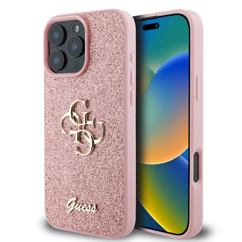 Guess PU Fixed Glitter 4G fém logós hátlap iPhone 16 Pro rózsaszínhez