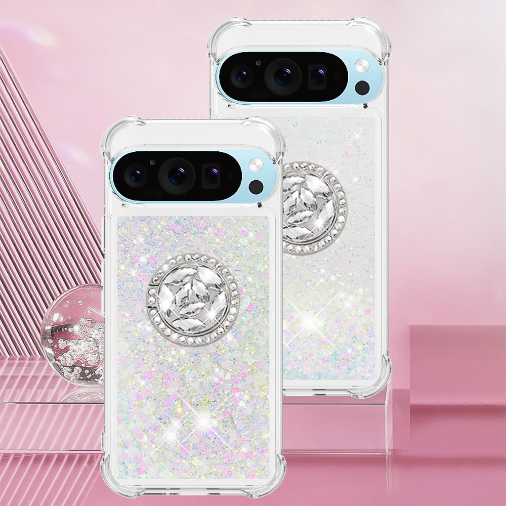 Glitt homokóra zselés tok ujjgyűrűvel a Google Pixel 10 számára - rózsaszín/ezüst/szív