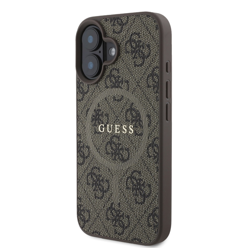 Guess PU bőr 4G színes gyűrűs MagSafe hátlap iPhone 16 Plus barna színű hátlaphoz