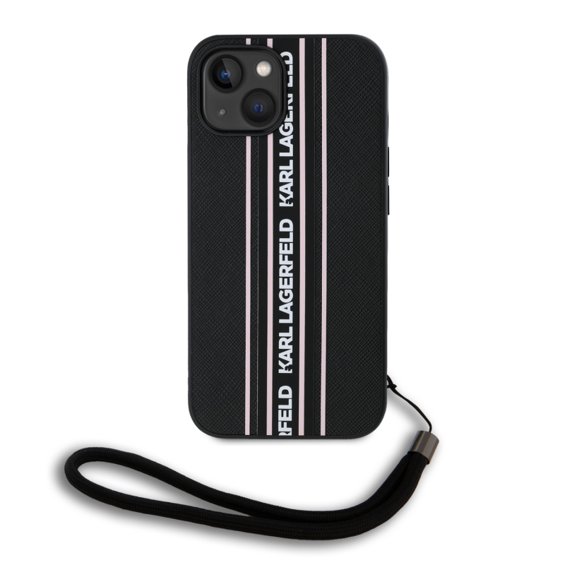 Karl Lagerfeld PU Saffiano Athleisure csíkos és pántos hátlapi borító iPhone 15 rózsaszínű készülékhez