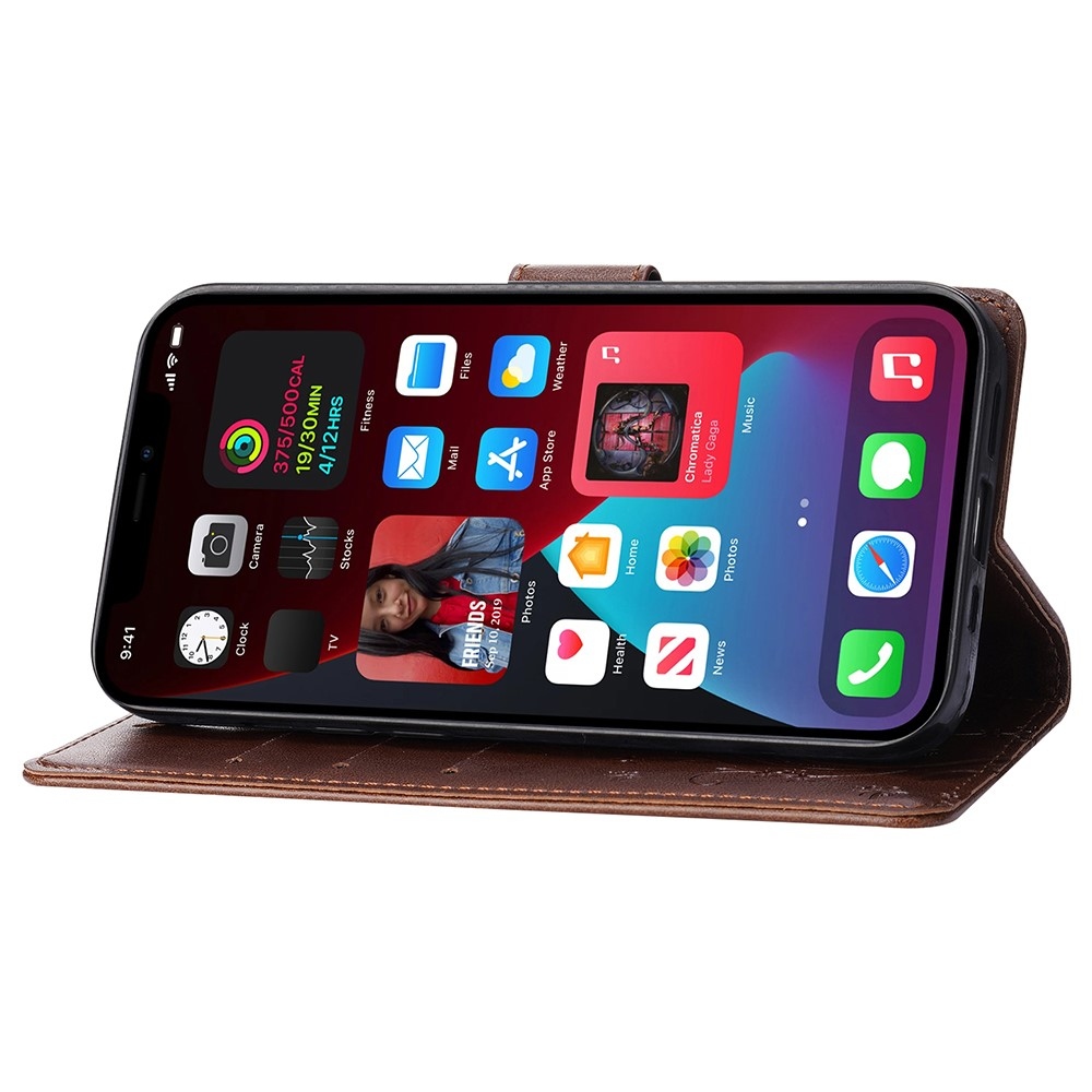 Virágok könyvtáska iPhone 15 Pro készülékhez - barna