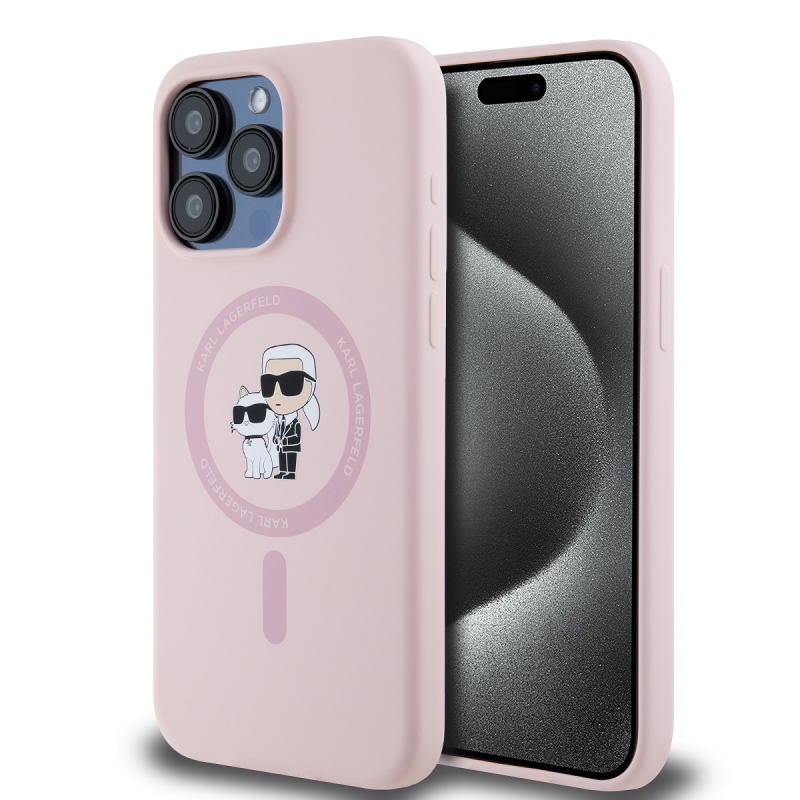Karl Lagerfeld folyékony szilikon Karl és Choupette Magsafe hátlap iPhone 14 Pro Max rózsaszínű iPhone 14 Pro Max készülékhez