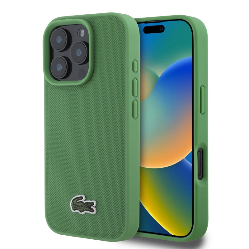 Lacoste Iconic Petit Pique Woven Logo MagSafe hátlapi borító iPhone 16 Pro-hoz Zöld