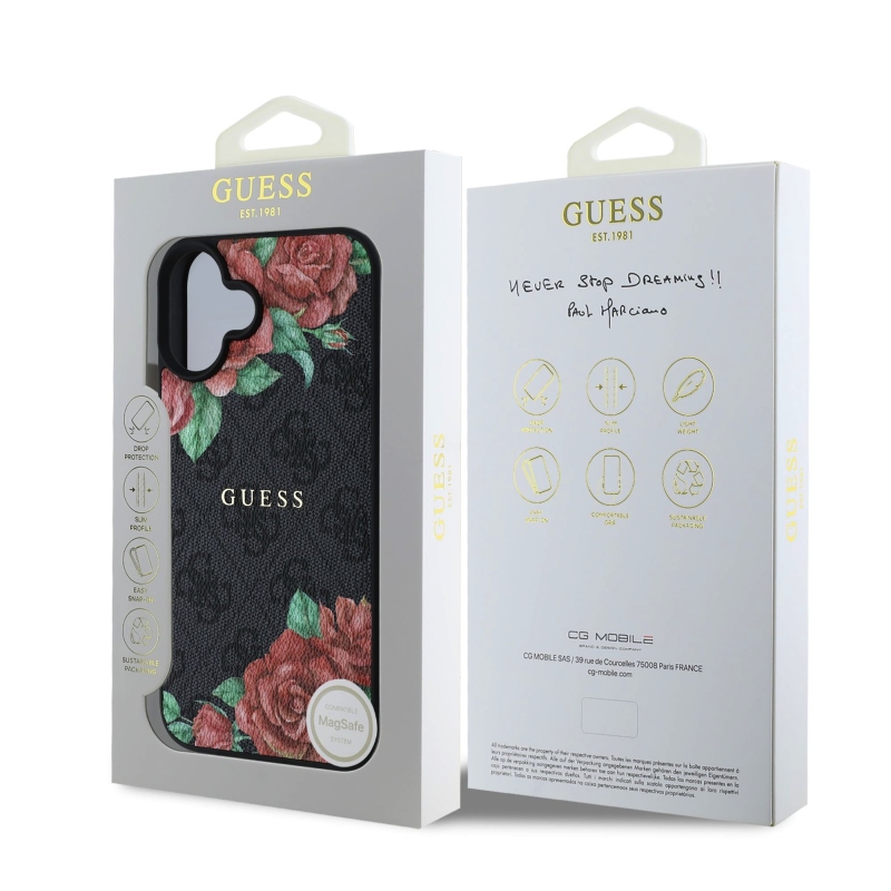 Guess PU bőr 4G rózsák MagSafe hátlap iPhone 16-hoz Fekete