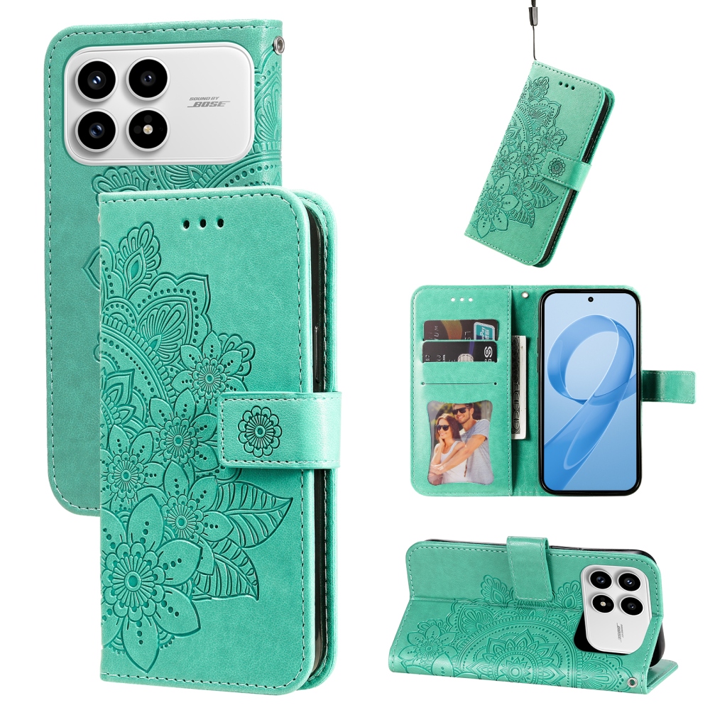 Virágos könyv tok a Xiaomi Poco F8 Pro 5G-hez - teal színű