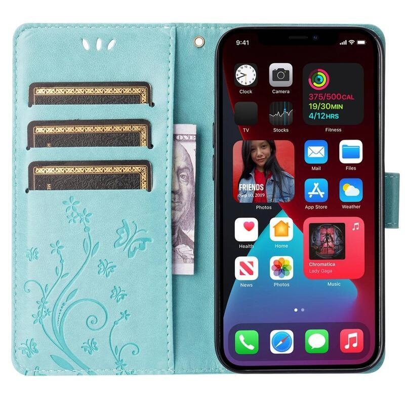 Virág PU bőr pénztárca tok iPhone 14 6.1 - cián színű