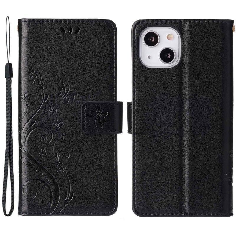 Virág PU bőr pénztárca tok iPhone 14 6.1 készülékhez - fekete