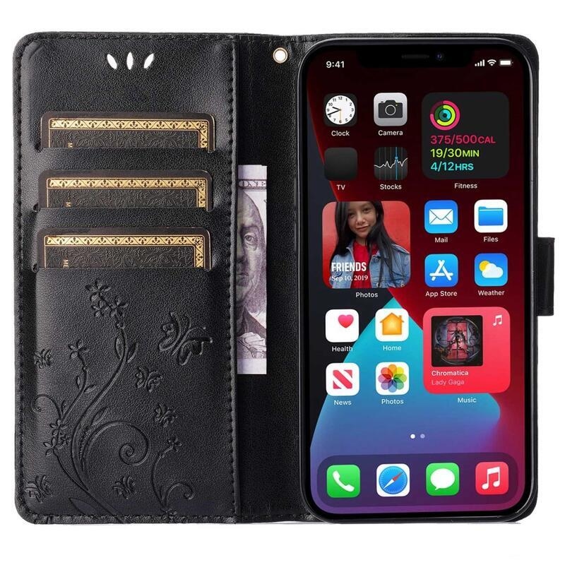 Virág PU bőr pénztárca tok iPhone 14 6.1 készülékhez - fekete