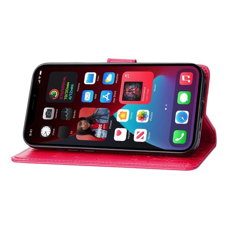 Virág PU bőr pénztárca tok iPhone 14 6.1 készülékhez - piros
