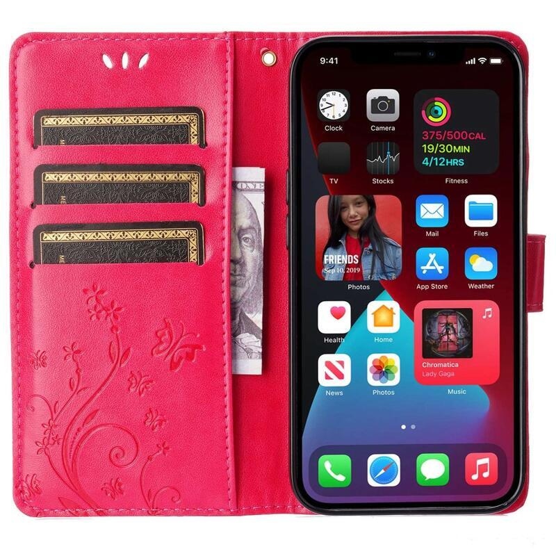 Virág PU bőr pénztárca tok iPhone 14 6.1 készülékhez - piros