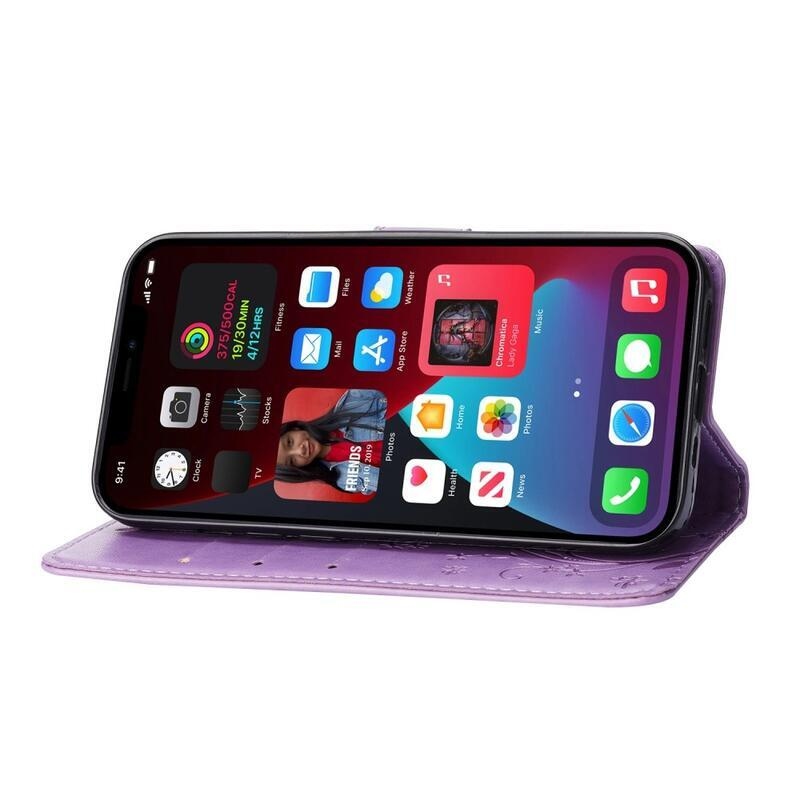 Virág PU bőr pénztárca tok iPhone 14 6.1 készülékhez - világos lila
