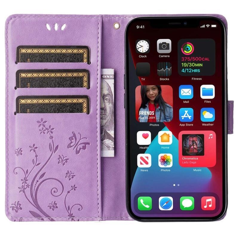 Virág PU bőr pénztárca tok iPhone 14 6.1 készülékhez - világos lila