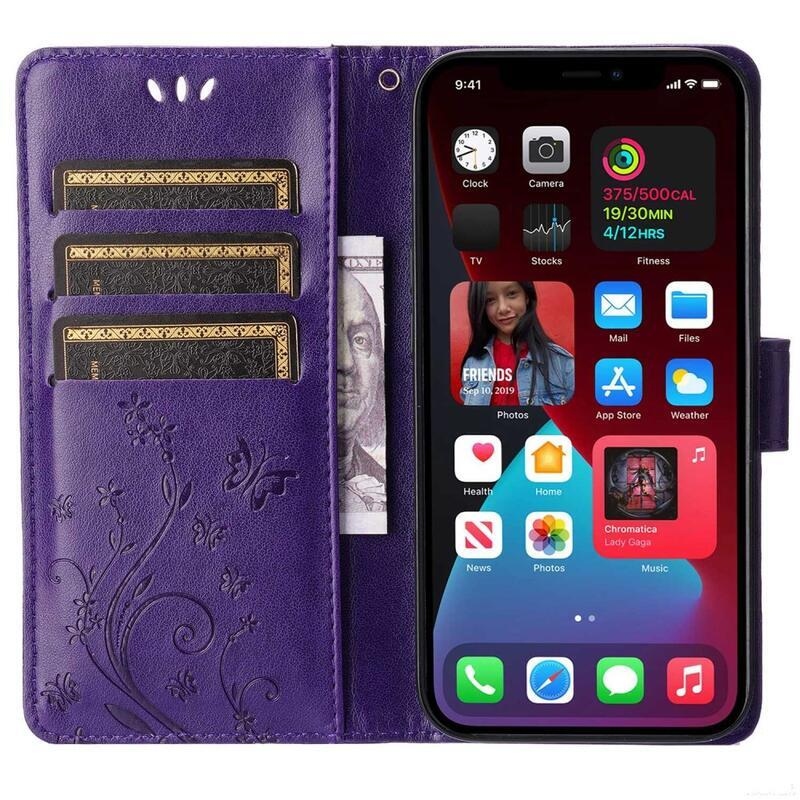 Virág PU bőr pénztárca tok iPhone 14 6.1 - sötétlila - iPhone 14 6.1 - sötétlila