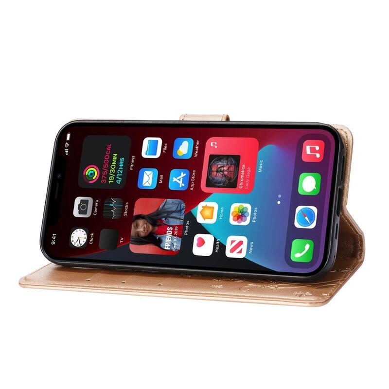 Virág PU bőr pénztárca tok iPhone 14 6.1 készülékhez - arany színben