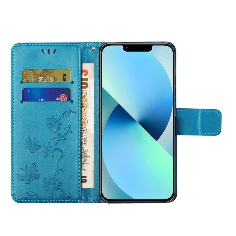 Virág PU bőr pénztárca tok iPhone 14 Pro 6.1 készülékhez - kék
