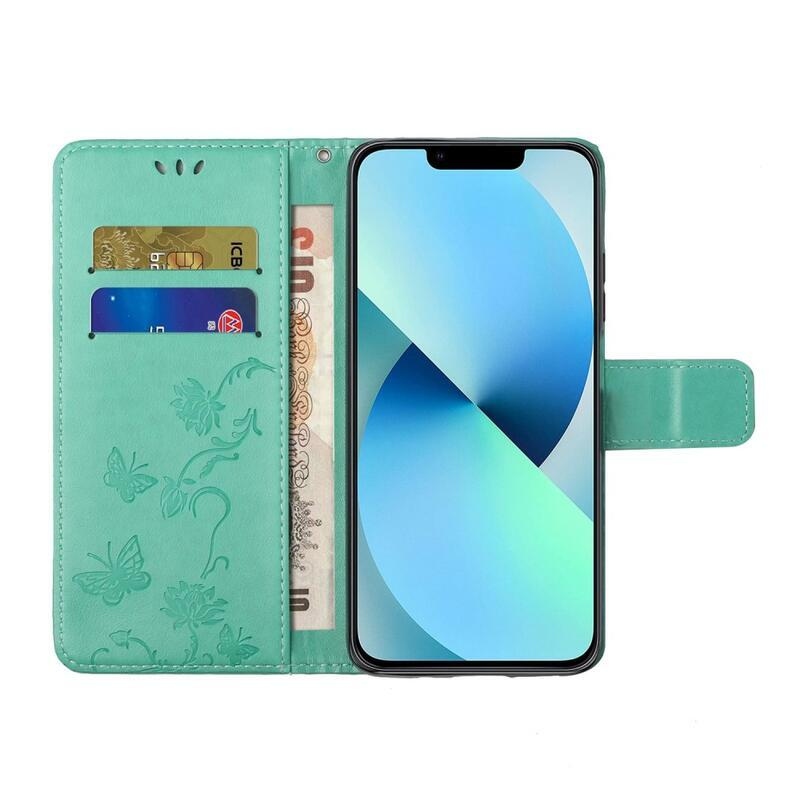 Virág PU bőr pénztárca tok iPhone 14 Pro Max 6.7 - cián színű